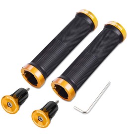 TOPCABIN Bike Grips Double Lock on Locking Bicycle Handlebar Grips Cycle Bicycle Mountain Bike BMX Floding ((Aluminum lock plug+Grips) Gold 1 Pair)