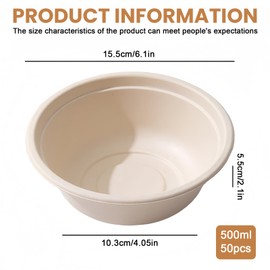 GOMETY Pack of 50 Disposable Bowls Soup Bowls 500 ml Made of Sugar Cane Disposable Tableware Bowls 15.5 x 5.4 cm Soup Bowl Compostable Disposable Soup Bowl Organic Soup Bowl Round Compostable