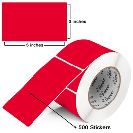 Perco Red 3x5 Inch Rectangle Sticker Labels with Permanent Adhesive - 500 Labels per Roll - Vibrant Colors, Strong Adhesion - Made in USA