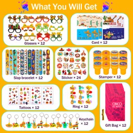 120 PCS Fiesta Party Favor, Mexican Party Gift for Kids, Cinco De Mayo Eyeglasses, Keychains, Stampers, Slap Bracelets Classroom Prize School Exchange for Cinco De Mayo Birthday Party Supplies