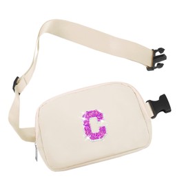 COSHAYSOO Small Waist Fanny Pack Belt Bag with Initial Letter Patch Adjustable Strap for Women Teen Girl Running Sports Walking, Mini Cross Body Travel Purse Fashion Cute Preppy Pouch Ivory (C)
