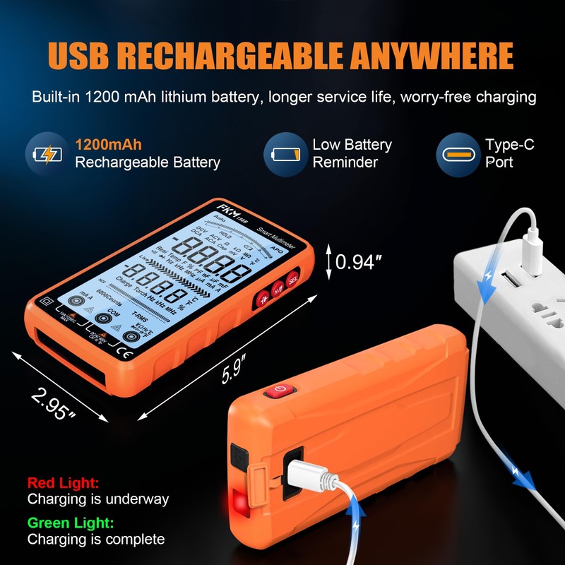 FKM Digital Multimeter Tester Auto-Ranging TRMS 6000 Counts Smart Rechargeable