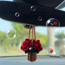 Mevolf Crochet Car Air Freshener Empty Refillable Car Diffuser Bottle with Cute Potted Plants Car Mirror Hanging Accessories Long Lasting Car Air Hanging Fragrance Oil Diffuser