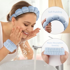 DRESHOW Spa Headband for Washing Face Wristband Set Sponge Soft Terry Cloth Makeup Skin Care Non-Slip Headband for Women, 1 set: 83B blue