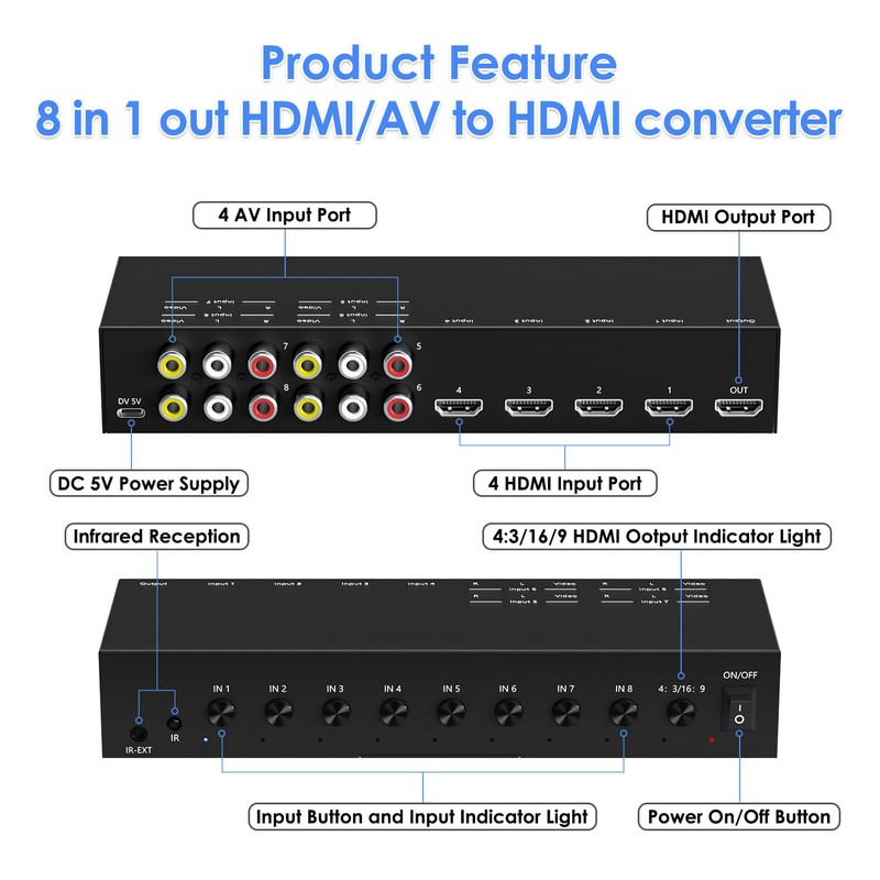 8-in-1 HDMI/AV Switch with Remote Control, 4K@60Hz 4:4:4, 4×HDMI &