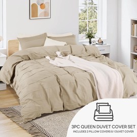 NEXHOME PRO 100% Organic Cotton Duvet Cover Queen Size, Linen Like Pleated Textured Duvet Cover Set Beige, 3pc Bedding Set with Zipper Closure, Soft, Lightweight and Breathable(90"x90", No Comforter)