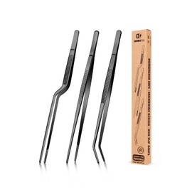 Fine Cooking Tweezers Set, Professional Stainless Steel Food Tongs, Kitchen Black Long Chef Tweezer for Cooking, Plating, Decorating and BBQ (BLACK, 10 inch)