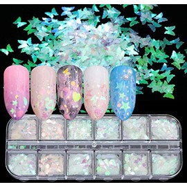 12 Holographic Laser Mermaid Nail Sequins Beauties Factory Flake Heart Butterfly Confetti Art Decals Iridescent Glitter Star Shapes Designs Manicure Tips DIY Decorations