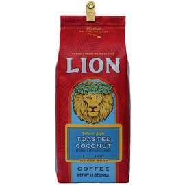 Lion Coffee, Toasted Coconut Flavor, Light Roast, Whole Bean, 10 Ounce Bag