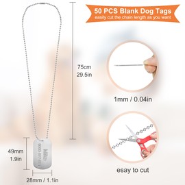 Elesunory 100 Pcs Military Dog Tags Set, 50 Pcs Aluminum Blank Dog Tags and 50 Pcs Iron Necklace Chain, Dog Tags Engraved for Pets, Perfect for DIY Decorative Craft Pet Dog ID Tags, Silver