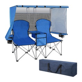 BESTHLS Double Canopy Camping Chair with Shade Folding Loveseat Chairs with Cup Holder Cooler Bag Organize Pouch for Camp Beach Sports Lawn Patio Outside (Blue)