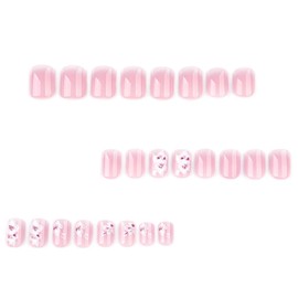 24Pcs Press on Nails Short Square LINMEIZAI Fake Nails Press ons Nail Tips Glue on Nails Full Cover Acrylic Nail Kit Stickers False Nails with Pink White Gradient Nail Art Design for Women Manicure