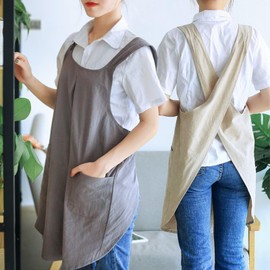 Cotton Linen Cross Back Apron for Women Japanese Cute Kitchen Cooking Aprons Solid Color with Pockets Gardening Painting Gray
