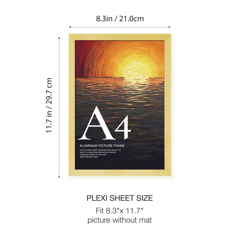 LIVINGTASTE A4 Picture Frame Brushed Gold Aluminium, 2-Pack 21x30 cm Photo
