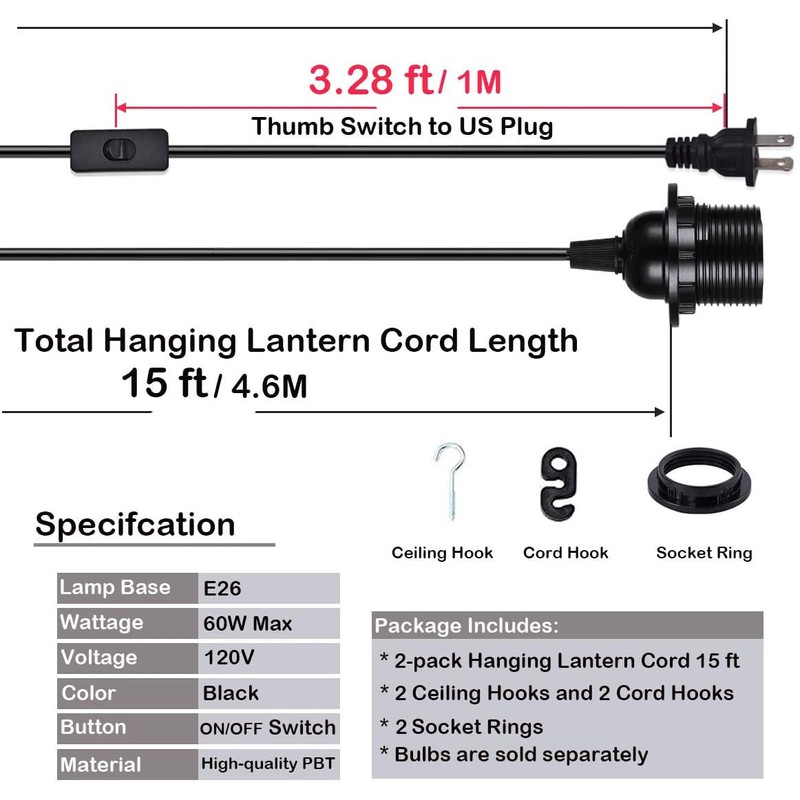HESSION 2-Pack 15 Feet Plug in Pendant Light, Black Extension