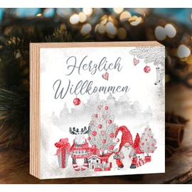 Wooden Picture "Frohe Weihnachten Herzlich Willommen Gnome" Merry Christmas Watercolours 15 x 15 x 2 cm to Stand/Hang Up 3D Real Photo Direct Print on Coated Birch Wood