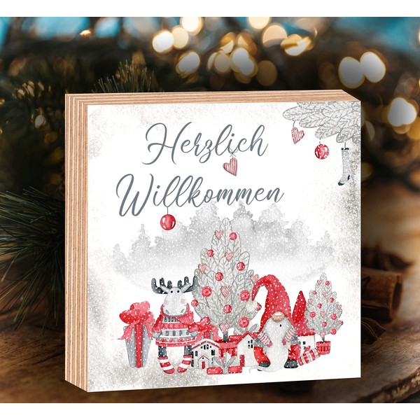 Wooden Picture "Frohe Weihnachten Herzlich Willommen Gnome" Merry Christmas Watercolours