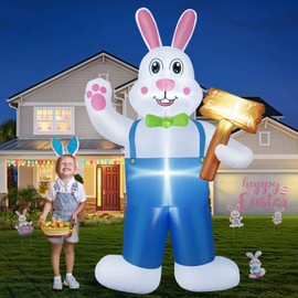 B&D 6FT Easter Inflatables Outdoor Decorations Blow Up Inflatable Bunny Holding A Sign Built-in LEDs, Happy Easter Decorations Inflatable Rabbit for Holiday Party Indoor Outdoor Yard Garden Lawn