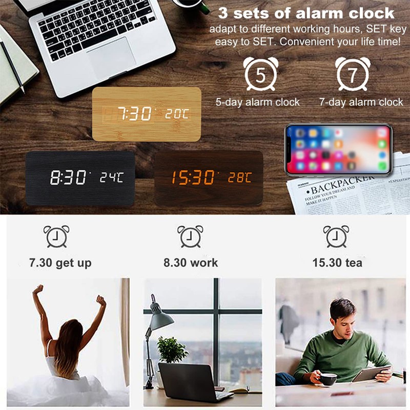 Buachois Wooden Digital Alarm Clock, Alarm Clock with Wireless Charging