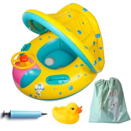 Inflatable Baby Swimming Pool Floats with Removable Sun Protection Canopy, Toddler Floaties with Seat and Handle, No Flip Over Baby Boat Swim Floats for Age of 6-36 months, with Hand Pump, Storage Bag