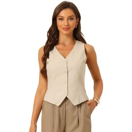 Allegra K Linen Vest Waistcoat for Women's Fashion Sleeveless Button Down V Neck Crop Top Summer Vest Khaki X-Large