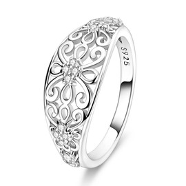 Hapour 925 Sterling Silver Ring for Women, Victorian Leaf Filigree Vintage Ring with CZ Stones Simple Statement Eternity Rings Everyday Unique Wedding Band Size 9