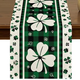 St.Patrick's Day Green Shamrocks Buffalo Plaid Table Runner 13x72 Inch Spring Holiday Clover Kitchen Dining Table Decor for Indoor Outdoor Farmhouse Home Party Decoration ZQ93