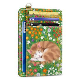 Yonlevres Cat Credit Card Holder Slim Wallet, Floral RFID Wallet Women Front Pocket Small Card Holder, Travel Funny Cute Thin Card Case ID Window PU Leather RFID Blocking Card Organizer Gifts Girls