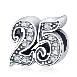 MariaFonte Charm 2025 Compatible All Brands 25 Years Marriage Anniversary Lucky Charm 925 Silver Pendant Original Offers Birthday Friendship Mum Pearl Heart Family Christmas, Silver