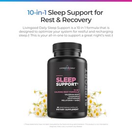 Livingood Daily Suplemento de apoyo para dormir, ayuda natural para dormir 10 en 1 con 5 mg de melatonina, raíz de valeriana, manzanilla, triptófano y