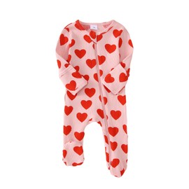 Infant Baby Girl Valentine's Day Romper Red Heart Zipper Footie Toddler Unisex Long Sleeve One Piece Jumpsuit Clothes (Pink, 6-9Months)