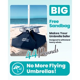 OutdoorMaster Beach Umbrella with Sand Bag and Cup Holder - 6.5ft Beach Umbrella with Sand Anchor, UPF 50+ PU Coating with Carry Bag for Patio and Outdoor - New Blue/White Striped with Cup Holder