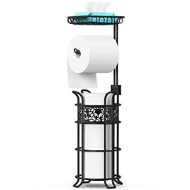 Toilet Paper Holder Stand with Shelf, Free Standing Toilet Paper Roll Dispenser Holds 3 Big Rolls of Jumbo Mega Paper, for RV Bathroom, Floral Pattern, Black