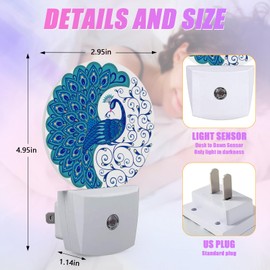 GANTINIR Blue Peacock Night Light Vintage Feathers Night Lights LED Lamp Round Plug into Wall Nightlight with Dusk to Dawn Sensor Home Hallway Stairway Kitchen Decor