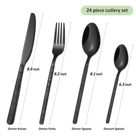 24 Pcs Black Hammered Silverware Set Service for 6,Stone Pattern Vintage Stainless Steel Flatware Set,Cutlery Utensil,Durable Kitchen Eating Tableware Set,Ripple Fork Knife Spoon Set,Dishwasher Safe
