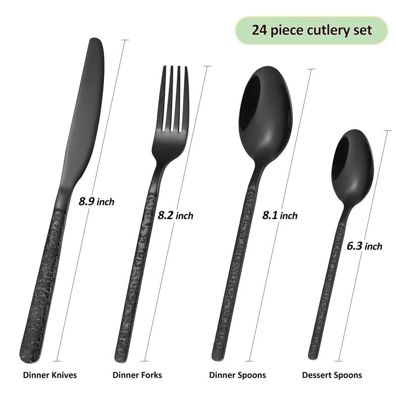 24 Pcs Black Hammered Silverware Set Service for 6,Stone Pattern