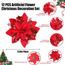 12 PCS Christmas Decorations,Poinsettia Flowers Christmas Decor with Clips and Flower Stems,Artificial Flowers Christmas Tree Decorations Xmas Tree Ornament Gift Wrapping Wreath Wedding Party Decor