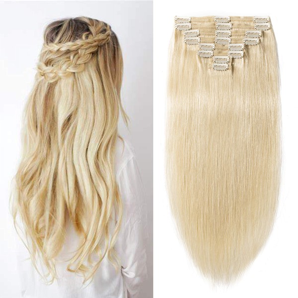 S-noilite Blonde Clip in Human Hair Extensions Double Weft 100% Real Human Hair 20Inch Bleach Blonde Thick Soft Silky Straight Clip on Brazilian Hair 8pcs 18 Clips 150g For Women #613
