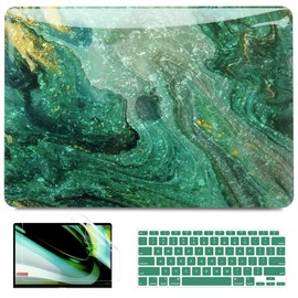 B BELK Compatible with MacBook Air 13 inch Case 2022 2021 2020 2019 2018 M1 A2337 A2179 A1932 Touch ID, Plastic Laptop Hard Shell Case & 2 Keyboard Covers & Screen Protector, Green Pearl Marble