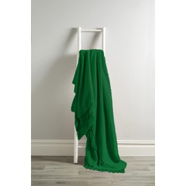 Olivia Rocco Lisbon Throw 100% Cotton Plain Honeycomb Sofa Bed Chair Cover Throws Tasselled Decorative Blanket, 178 x 254 cm (70" x 100") Emerald Green