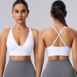 Evercute Women's Sports Bras Adjustable Deep V Neck Bras Wireless Spaghetti Strap Criss Cross Padded Seamless Low Support Sexy Everyday Bras