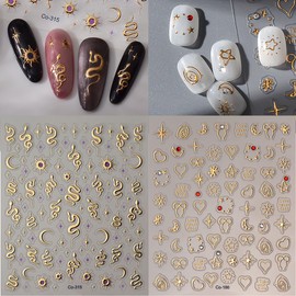 2 Sheets 5D Embossed Snake Nail Stickers Gold Star Nail Decals for Nail Art Retro Gold Snake Stars Moon Nail Art Stickers Self Adhesive Nail Supplies for Women DIY Nail Art Decoration