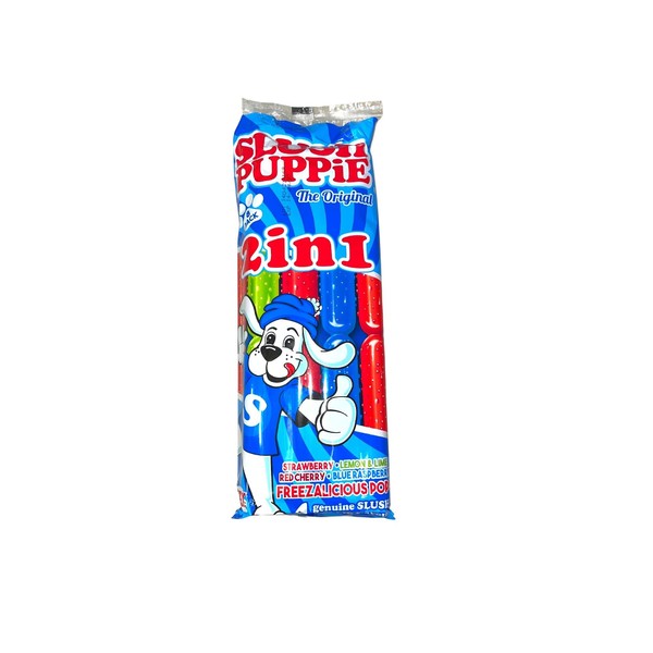 Slush Puppie The Original Squeezee Freeze Pops Ice Lolly Poles - 2 in 1 Red Cherry, Lemon &Lime, Strawberry And Blue Raspberry 8 x 75ml Pack - Vegetarian, Vegan And Gluten Free