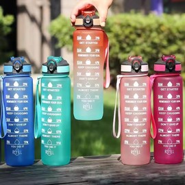 1 Litre Motivational Fitness Sport Water Bottle with Straw & Time Marker, Guaranteed Leak-Proof Design, BPA-Free Plastic Drink Bottle, Designed for Gym, Running, Cycling - Yellow/Purple