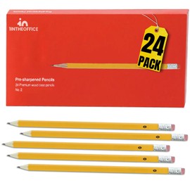 1InTheOffice Pre Sharpened Pencils #2, Pencils with Eraser, 2 HB, Wood-Cased, Black Lead, Yellow Barrel (24)