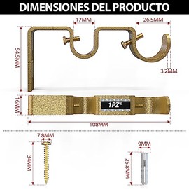 1PZ MX7-001 3Pcs Soportes Doble para Barra de Cortina Dorado,Gancho Soportes de para Cortina,Ajustable,Resistentes Longitud de la Barra Doble