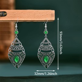 WUWEIJIAJIA Bohemian Style Retro Geometric Alloy Dangle Drop Earrings Ethnic Colored Rhinestone Hollow Dangle Drop Earrings (Green)