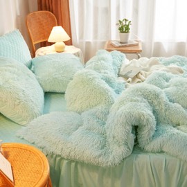 Green Faux Fur Comforter Cover Queen Size，Fluffy Mint Green Faux Fur Comforter Set 1 Pieces(1 Plush Duvet Cover) Faux Fur Bedding Set,Solid Color (Mint Green, Queen)