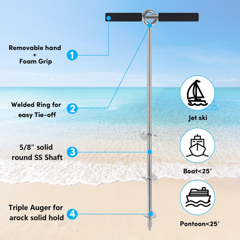 36" Sand Anchor,316 Stainless Steel Shallow Water Sand Anchor with