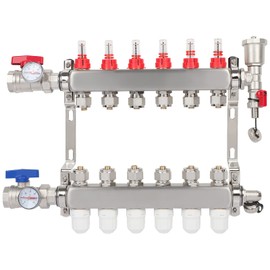 Tolsous 6-Branch Radiant Heat Manifold with Compatible Outlets,Stainless Steel PEX Manifold for Hydronic Radiant Floor Heating (1/2" Adapters included)